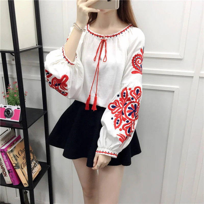 Women's Retro Blouse National Style Embroidered Lace-Up Tassel V-Neck Lantern Sleeve Tops Loose All-Match Female Blusa PL536