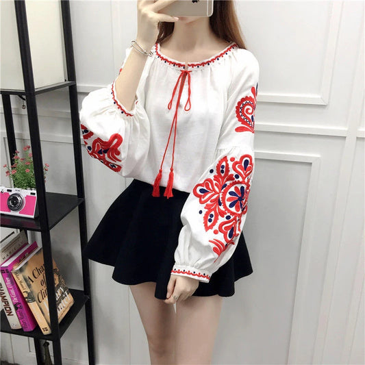 Women's Retro Blouse National Style Embroidered Lace-Up Tassel V-Neck Lantern Sleeve Tops Loose All-Match Female Blusa PL536