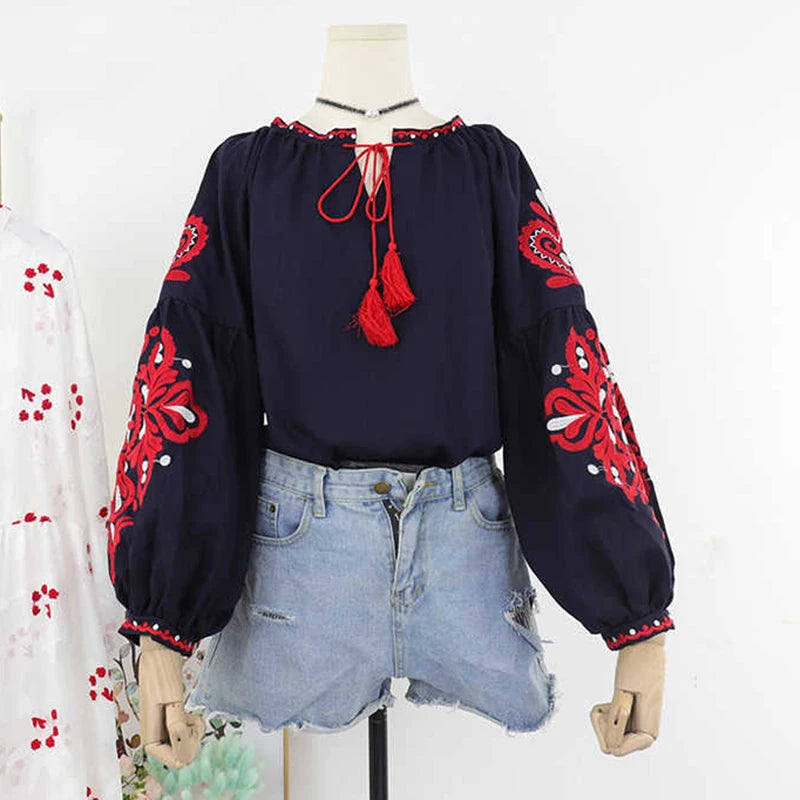 Women's Retro Blouse National Style Embroidered Lace-Up Tassel V-Neck Lantern Sleeve Tops Loose All-Match Female Blusa PL536