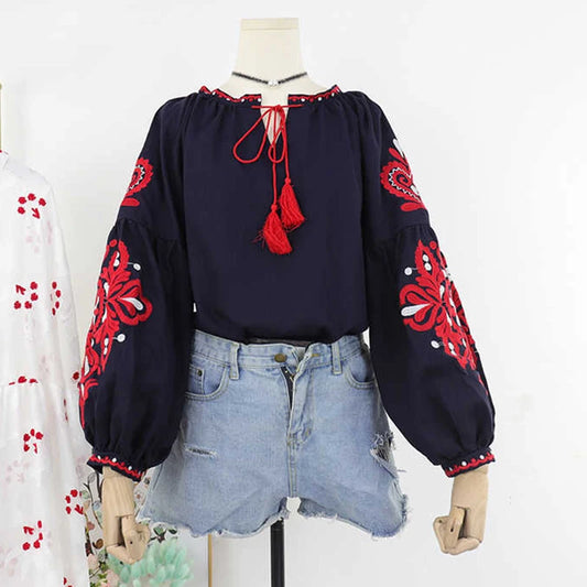 Women's Retro Blouse National Style Embroidered Lace-Up Tassel V-Neck Lantern Sleeve Tops Loose All-Match Female Blusa PL536