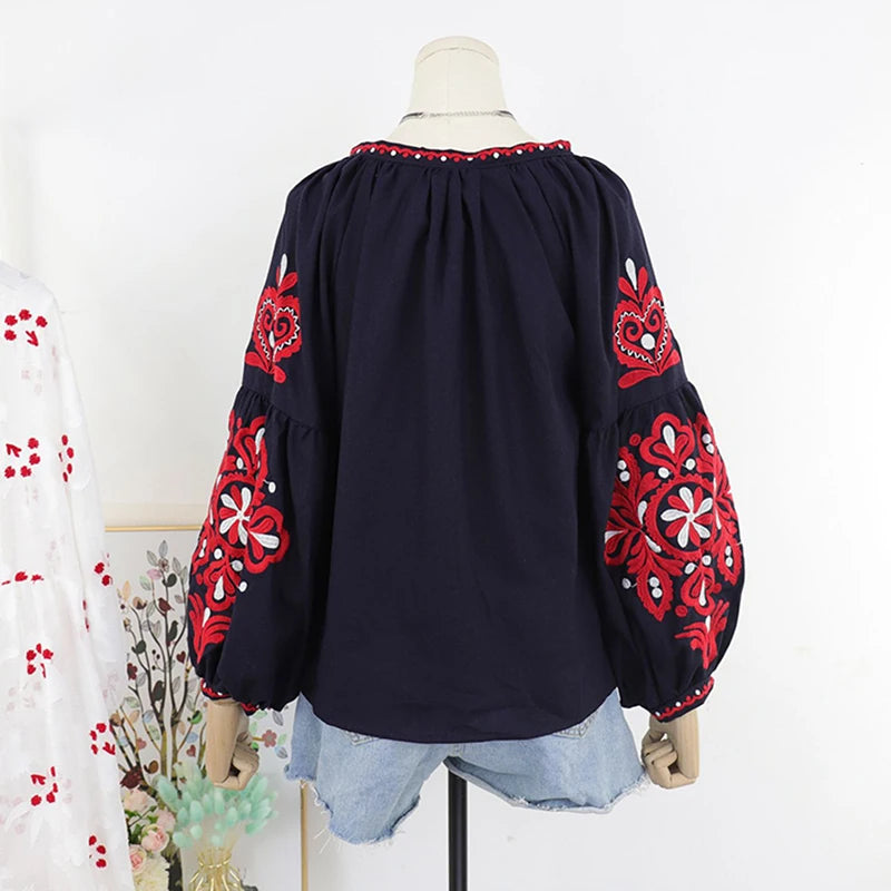 Women's Retro Blouse National Style Embroidered Lace-Up Tassel V-Neck Lantern Sleeve Tops Loose All-Match Female Blusa PL536