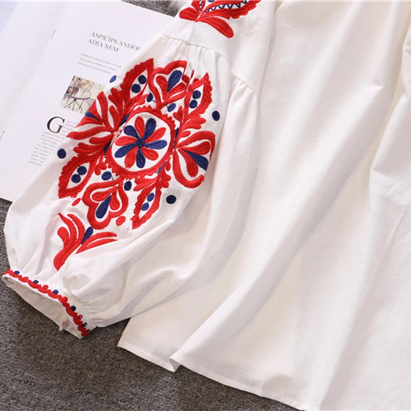 Women's Retro Blouse National Style Embroidered Lace-Up Tassel V-Neck Lantern Sleeve Tops Loose All-Match Female Blusa PL536