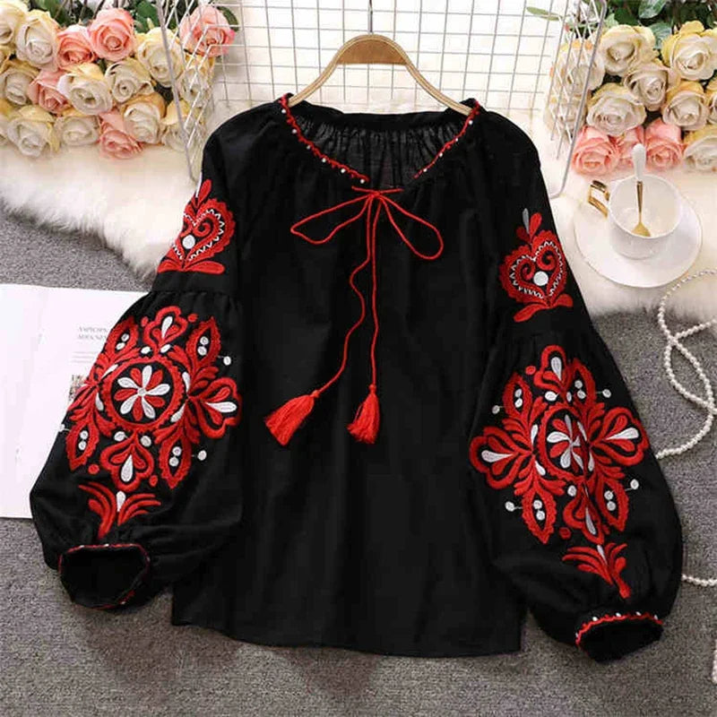 Women's Retro Blouse National Style Embroidered Lace-Up Tassel V-Neck Lantern Sleeve Tops Loose All-Match Female Blusa PL536
