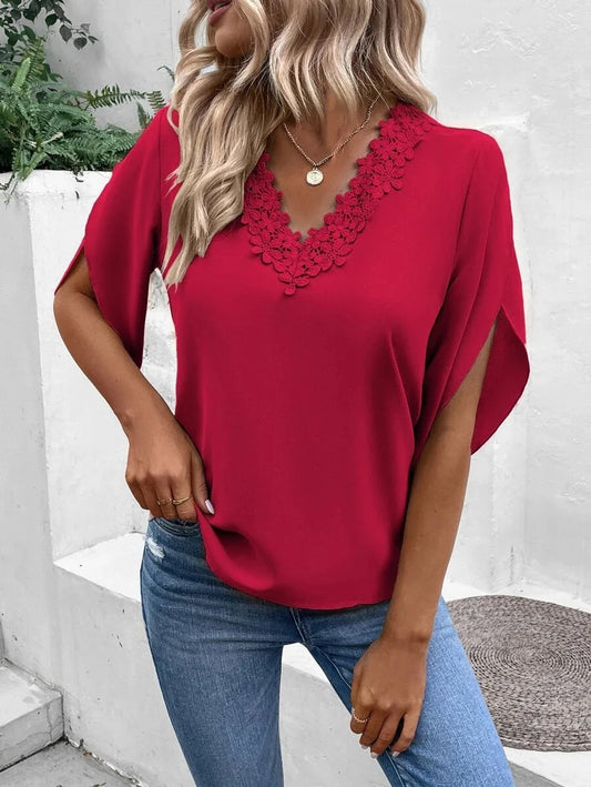 Elegant Women Blouse short sleeve Tops summer Fashion Black Lace V-Neck Loose Office Lady Shirt Casual Streetwear Female Clothes
