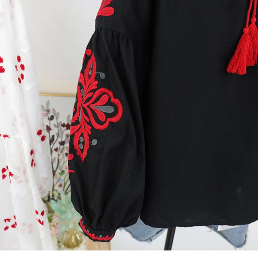 Women's Retro Blouse National Style Embroidered Lace-Up Tassel V-Neck Lantern Sleeve Tops Loose All-Match Female Blusa PL536