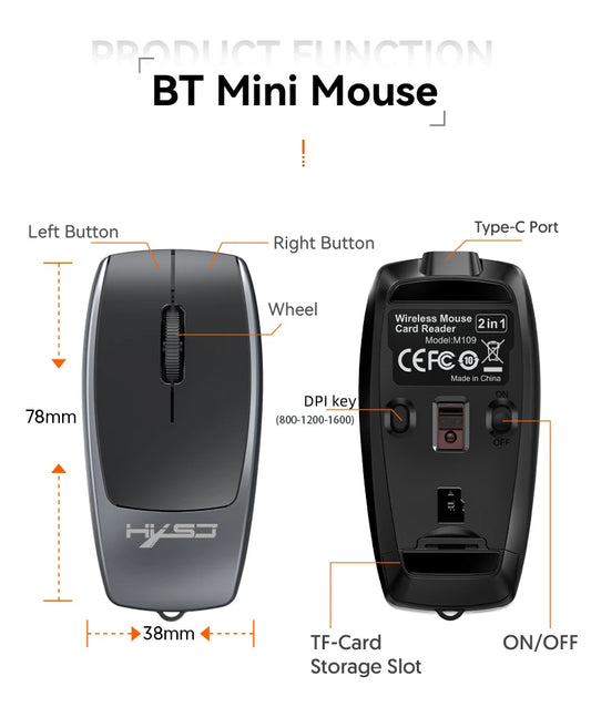 Portable Bluetooth 5.1 Wireless Mini Mouse Rechargeable TF Card Reader Silent Adjustable DPI Mouse for Phone Tablet Notebook