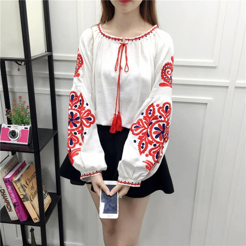 Women's Retro Blouse National Style Embroidered Lace-Up Tassel V-Neck Lantern Sleeve Tops Loose All-Match Female Blusa PL536