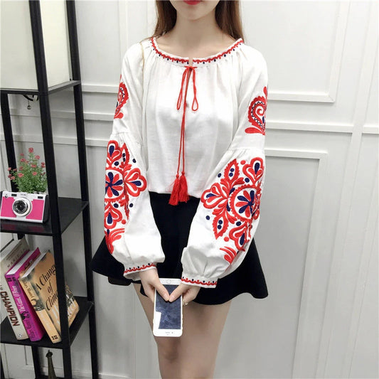 Women's Retro Blouse National Style Embroidered Lace-Up Tassel V-Neck Lantern Sleeve Tops Loose All-Match Female Blusa PL536