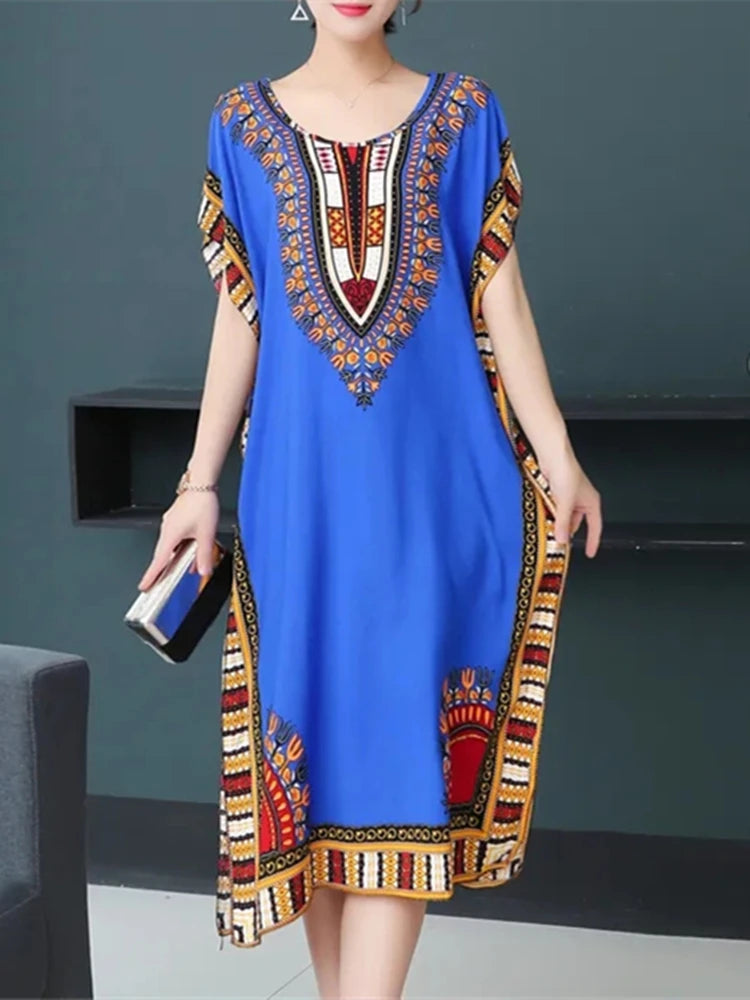 Retro Vintage Floral Print Elegant Ethnic Style O-Neck Slit Midi Dress Summer Trend Women's Batwing Sleeve Holiday Dresses 2024