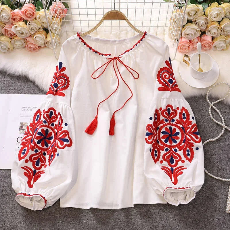 Women's Retro Blouse National Style Embroidered Lace-Up Tassel V-Neck Lantern Sleeve Tops Loose All-Match Female Blusa PL536