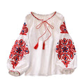 Women's Retro Blouse National Style Embroidered Lace-Up Tassel V-Neck Lantern Sleeve Tops Loose All-Match Female Blusa PL536
