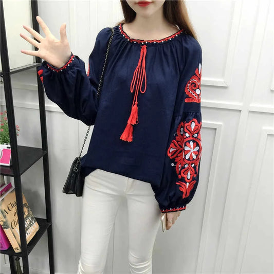 Women's Retro Blouse National Style Embroidered Lace-Up Tassel V-Neck Lantern Sleeve Tops Loose All-Match Female Blusa PL536