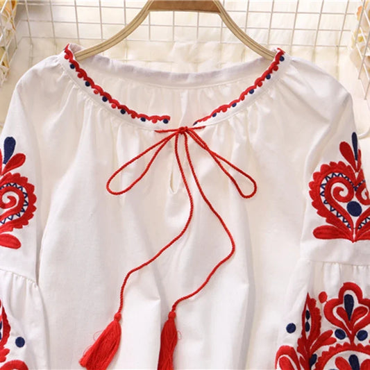 Women's Retro Blouse National Style Embroidered Lace-Up Tassel V-Neck Lantern Sleeve Tops Loose All-Match Female Blusa PL536