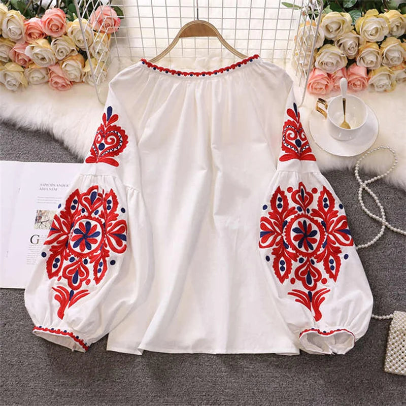 Women's Retro Blouse National Style Embroidered Lace-Up Tassel V-Neck Lantern Sleeve Tops Loose All-Match Female Blusa PL536