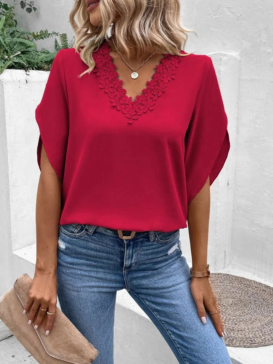 Elegant Women Blouse short sleeve Tops summer Fashion Black Lace V-Neck Loose Office Lady Shirt Casual Streetwear Female Clothes