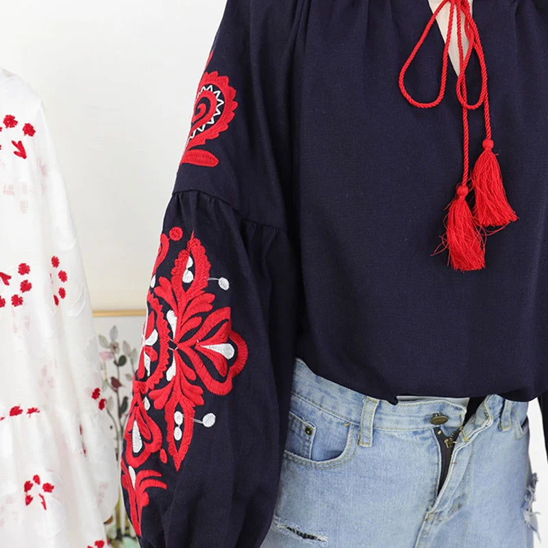 Women's Retro Blouse National Style Embroidered Lace-Up Tassel V-Neck Lantern Sleeve Tops Loose All-Match Female Blusa PL536