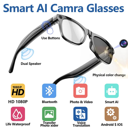 4K AI Smart Photochromic Glasses Multifunction Camera Bluetooth Call Voice Assistant Music Player Translate Glasses For Xiaomi