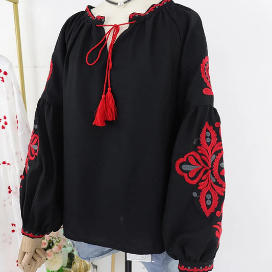 Women's Retro Blouse National Style Embroidered Lace-Up Tassel V-Neck Lantern Sleeve Tops Loose All-Match Female Blusa PL536