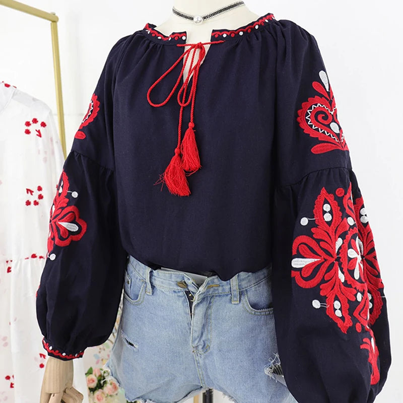 Women's Retro Blouse National Style Embroidered Lace-Up Tassel V-Neck Lantern Sleeve Tops Loose All-Match Female Blusa PL536