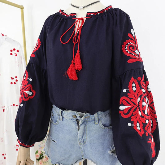 Women's Retro Blouse National Style Embroidered Lace-Up Tassel V-Neck Lantern Sleeve Tops Loose All-Match Female Blusa PL536
