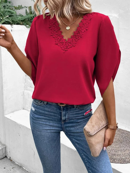 Elegant Women Blouse short sleeve Tops summer Fashion Black Lace V-Neck Loose Office Lady Shirt Casual Streetwear Female Clothes