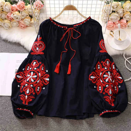 Women's Retro Blouse National Style Embroidered Lace-Up Tassel V-Neck Lantern Sleeve Tops Loose All-Match Female Blusa PL536