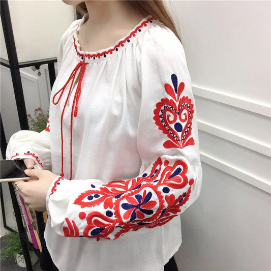 Women's Retro Blouse National Style Embroidered Lace-Up Tassel V-Neck Lantern Sleeve Tops Loose All-Match Female Blusa PL536