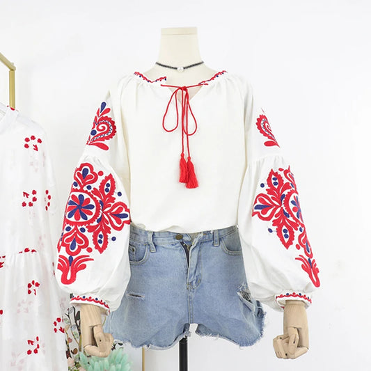 Women's Retro Blouse National Style Embroidered Lace-Up Tassel V-Neck Lantern Sleeve Tops Loose All-Match Female Blusa PL536