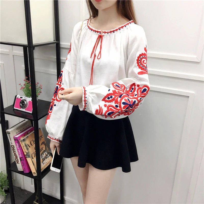 Women's Retro Blouse National Style Embroidered Lace-Up Tassel V-Neck Lantern Sleeve Tops Loose All-Match Female Blusa PL536