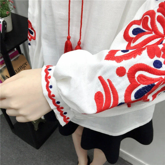 Women's Retro Blouse National Style Embroidered Lace-Up Tassel V-Neck Lantern Sleeve Tops Loose All-Match Female Blusa PL536