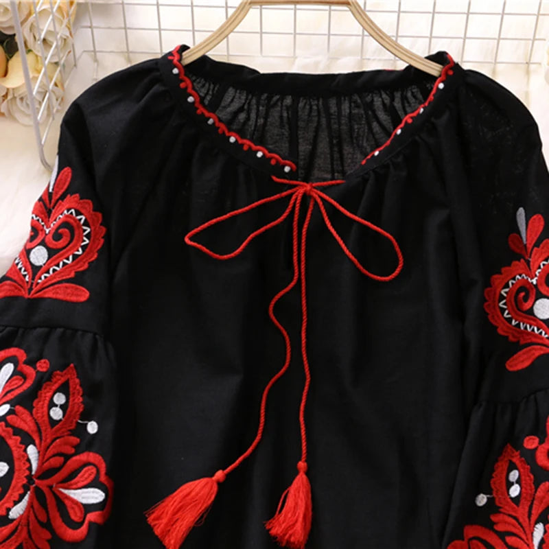 Women's Retro Blouse National Style Embroidered Lace-Up Tassel V-Neck Lantern Sleeve Tops Loose All-Match Female Blusa PL536