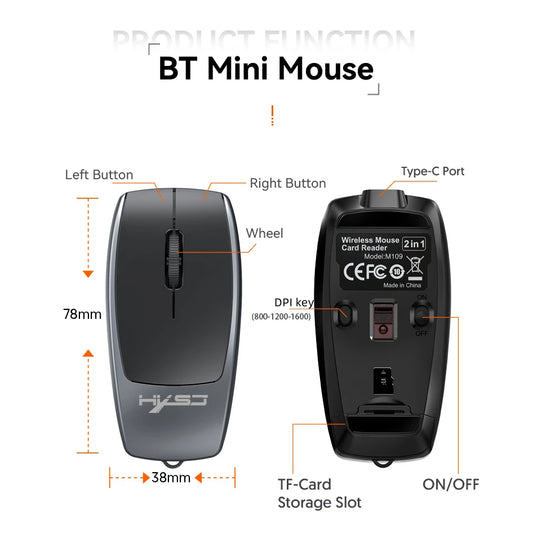 Portable Bluetooth 5.1 Wireless Mini Mouse Rechargeable TF Card Reader Silent Adjustable DPI Mouse for Phone Tablet Notebook