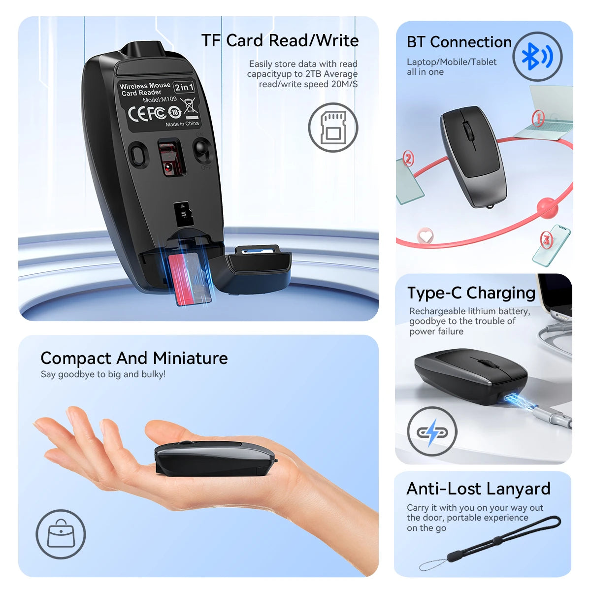 Portable Bluetooth 5.1 Wireless Mini Mouse Rechargeable TF Card Reader Silent Adjustable DPI Mouse for Phone Tablet Notebook