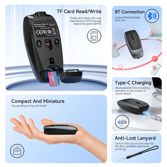Portable Bluetooth 5.1 Wireless Mini Mouse Rechargeable TF Card Reader Silent Adjustable DPI Mouse for Phone Tablet Notebook