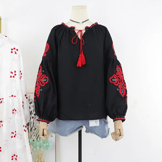 Women's Retro Blouse National Style Embroidered Lace-Up Tassel V-Neck Lantern Sleeve Tops Loose All-Match Female Blusa PL536