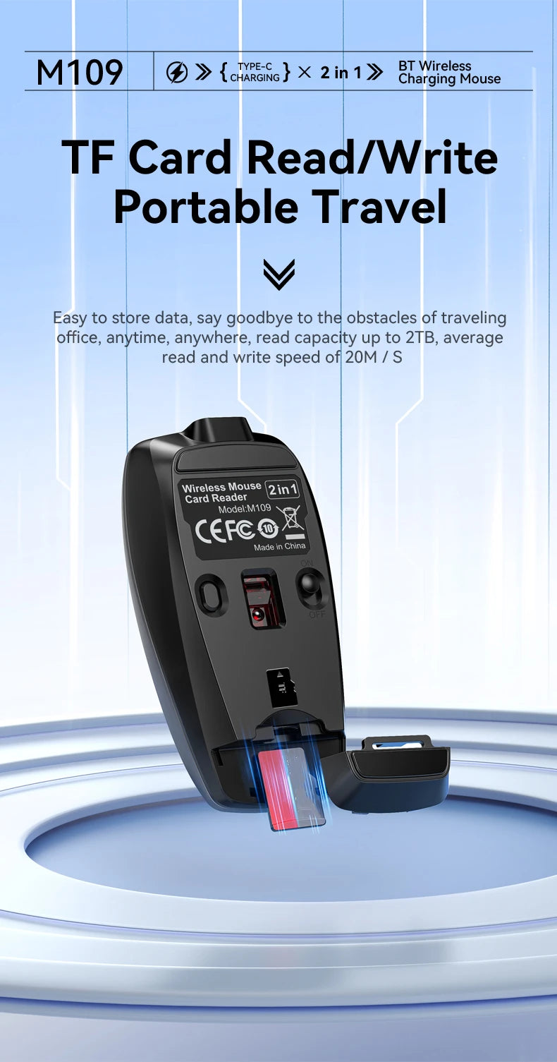 Portable Bluetooth 5.1 Wireless Mini Mouse Rechargeable TF Card Reader Silent Adjustable DPI Mouse for Phone Tablet Notebook