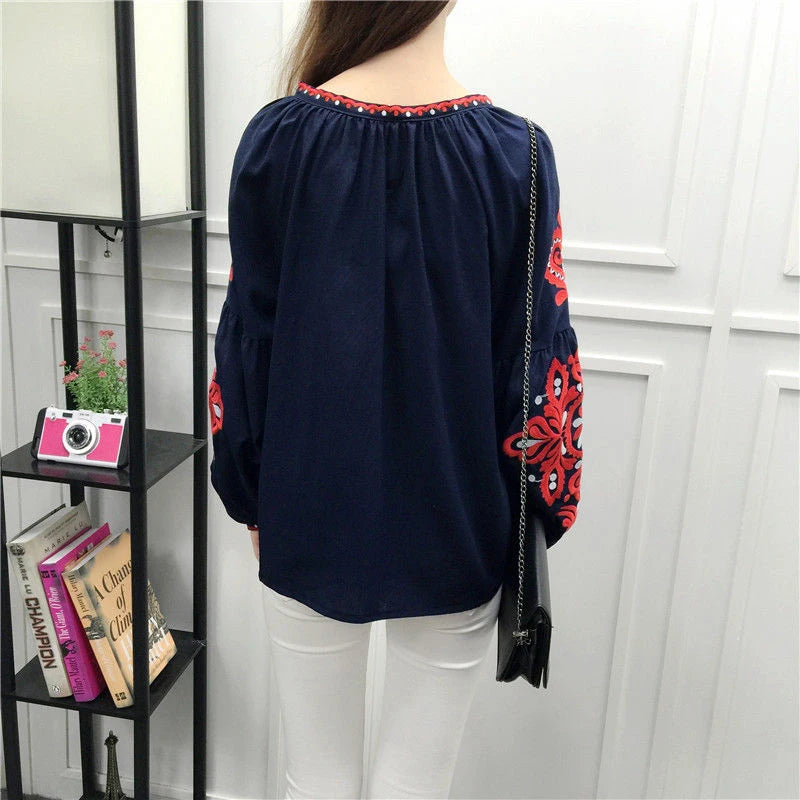 Women's Retro Blouse National Style Embroidered Lace-Up Tassel V-Neck Lantern Sleeve Tops Loose All-Match Female Blusa PL536
