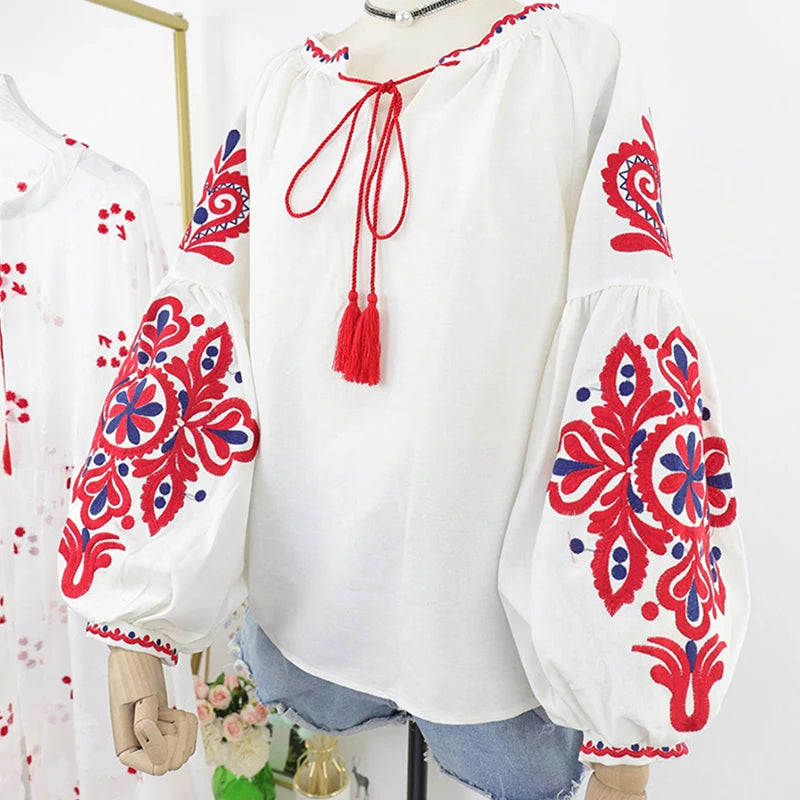 Women's Retro Blouse National Style Embroidered Lace-Up Tassel V-Neck Lantern Sleeve Tops Loose All-Match Female Blusa PL536