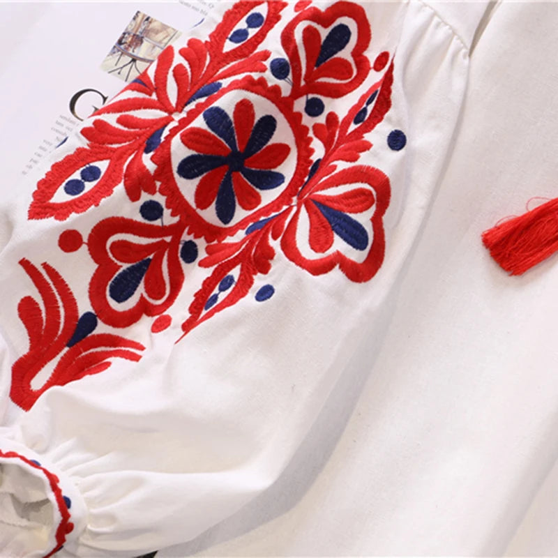 Women's Retro Blouse National Style Embroidered Lace-Up Tassel V-Neck Lantern Sleeve Tops Loose All-Match Female Blusa PL536