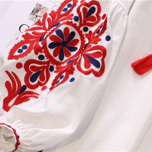 Women's Retro Blouse National Style Embroidered Lace-Up Tassel V-Neck Lantern Sleeve Tops Loose All-Match Female Blusa PL536