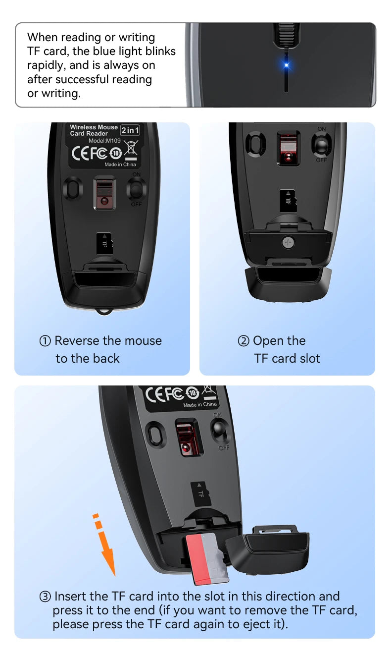 Portable Bluetooth 5.1 Wireless Mini Mouse Rechargeable TF Card Reader Silent Adjustable DPI Mouse for Phone Tablet Notebook