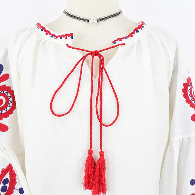 Women's Retro Blouse National Style Embroidered Lace-Up Tassel V-Neck Lantern Sleeve Tops Loose All-Match Female Blusa PL536