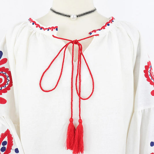 Women's Retro Blouse National Style Embroidered Lace-Up Tassel V-Neck Lantern Sleeve Tops Loose All-Match Female Blusa PL536