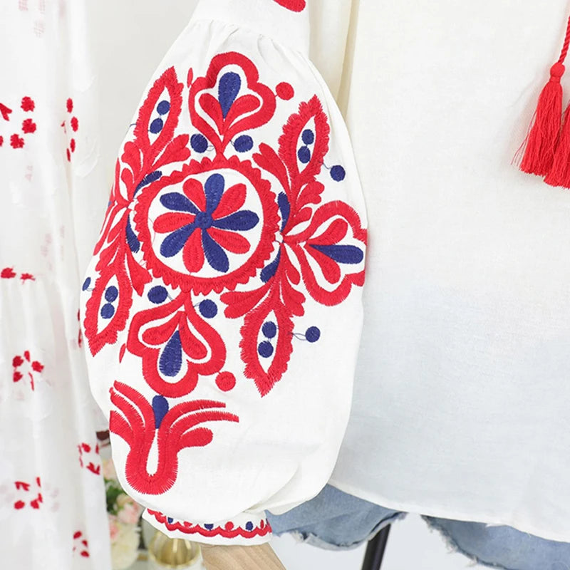 Women's Retro Blouse National Style Embroidered Lace-Up Tassel V-Neck Lantern Sleeve Tops Loose All-Match Female Blusa PL536