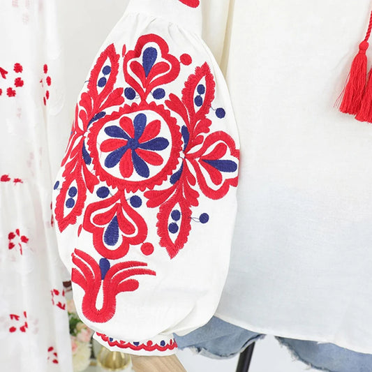 Women's Retro Blouse National Style Embroidered Lace-Up Tassel V-Neck Lantern Sleeve Tops Loose All-Match Female Blusa PL536