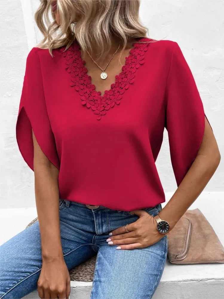 Elegant Women Blouse short sleeve Tops summer Fashion Black Lace V-Neck Loose Office Lady Shirt Casual Streetwear Female Clothes