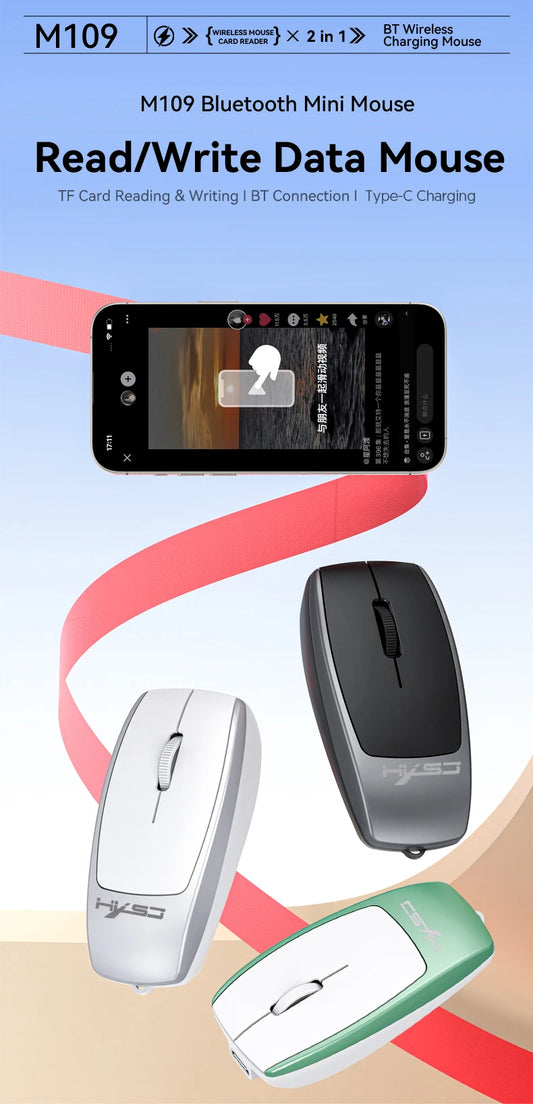 Portable Bluetooth 5.1 Wireless Mini Mouse Rechargeable TF Card Reader Silent Adjustable DPI Mouse for Phone Tablet Notebook