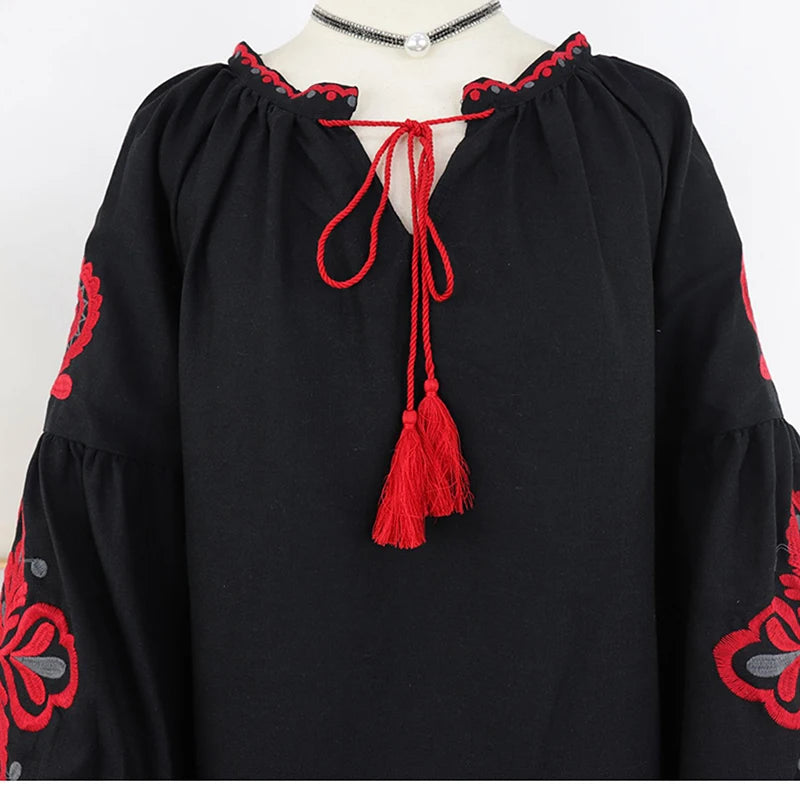 Women's Retro Blouse National Style Embroidered Lace-Up Tassel V-Neck Lantern Sleeve Tops Loose All-Match Female Blusa PL536