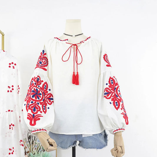 Women's Retro Blouse National Style Embroidered Lace-Up Tassel V-Neck Lantern Sleeve Tops Loose All-Match Female Blusa PL536