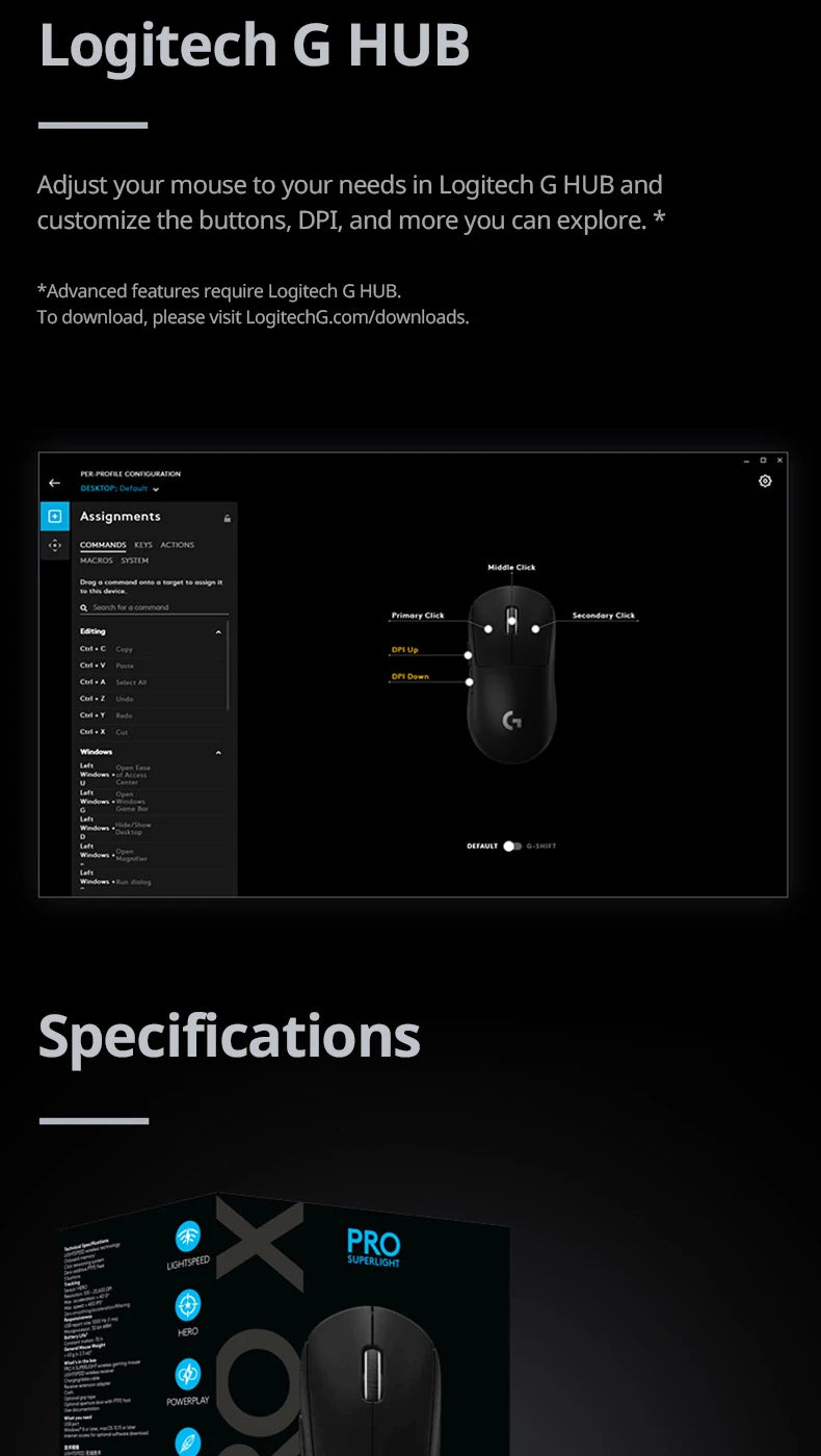 Logitech Gpro Superlight 25600 DPI Wireless Mouse, HERO 25K sensor, Tri-Mode Connection 2.4GHz/Wired/Bluetooth PC Gaming Mouse